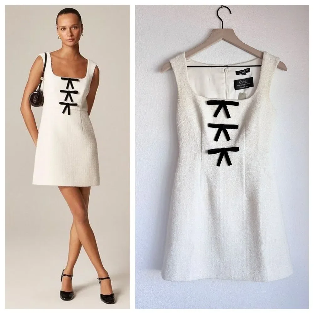 J.Crew Sophia Tweed Dress Black Velvet Bows Cream White NWT Size 00 CP175